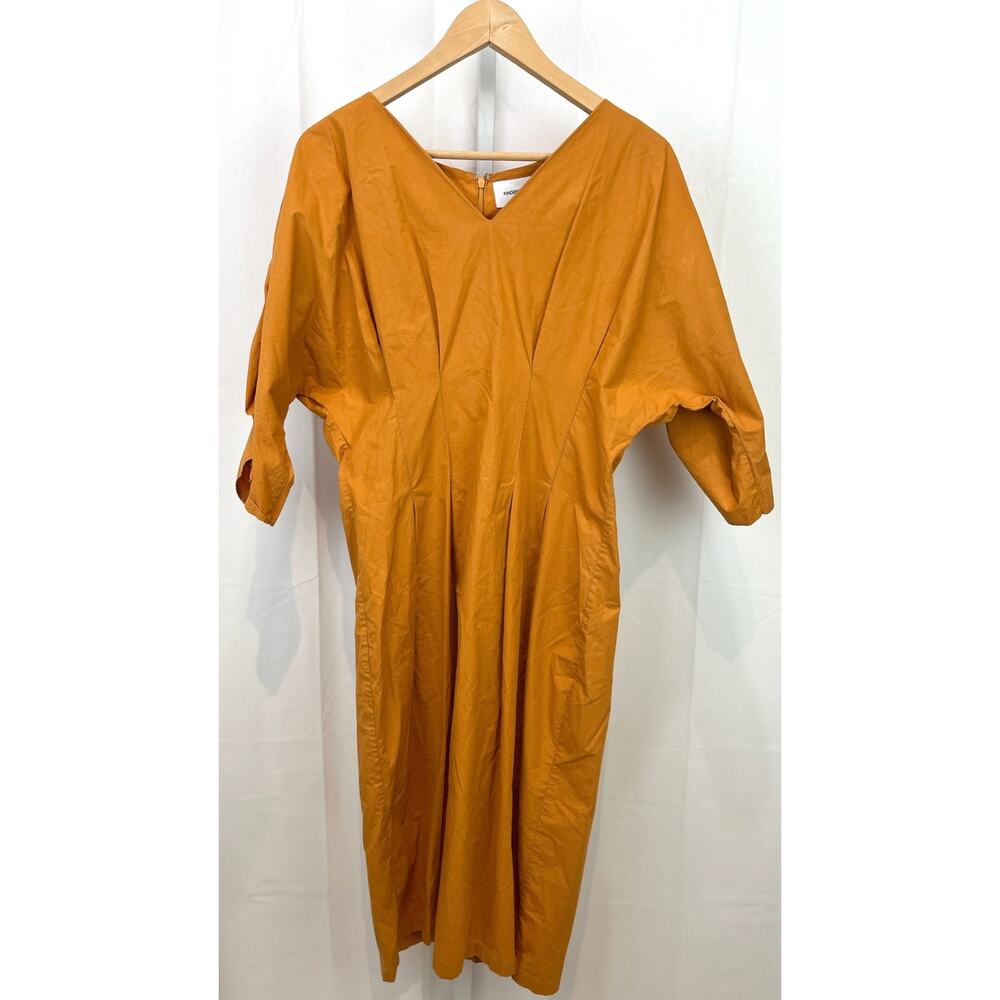KINDERSALMON Estimtaed M  Cocoon Dress 3/4 Sleeve V-Neck Midi Cotton Orange